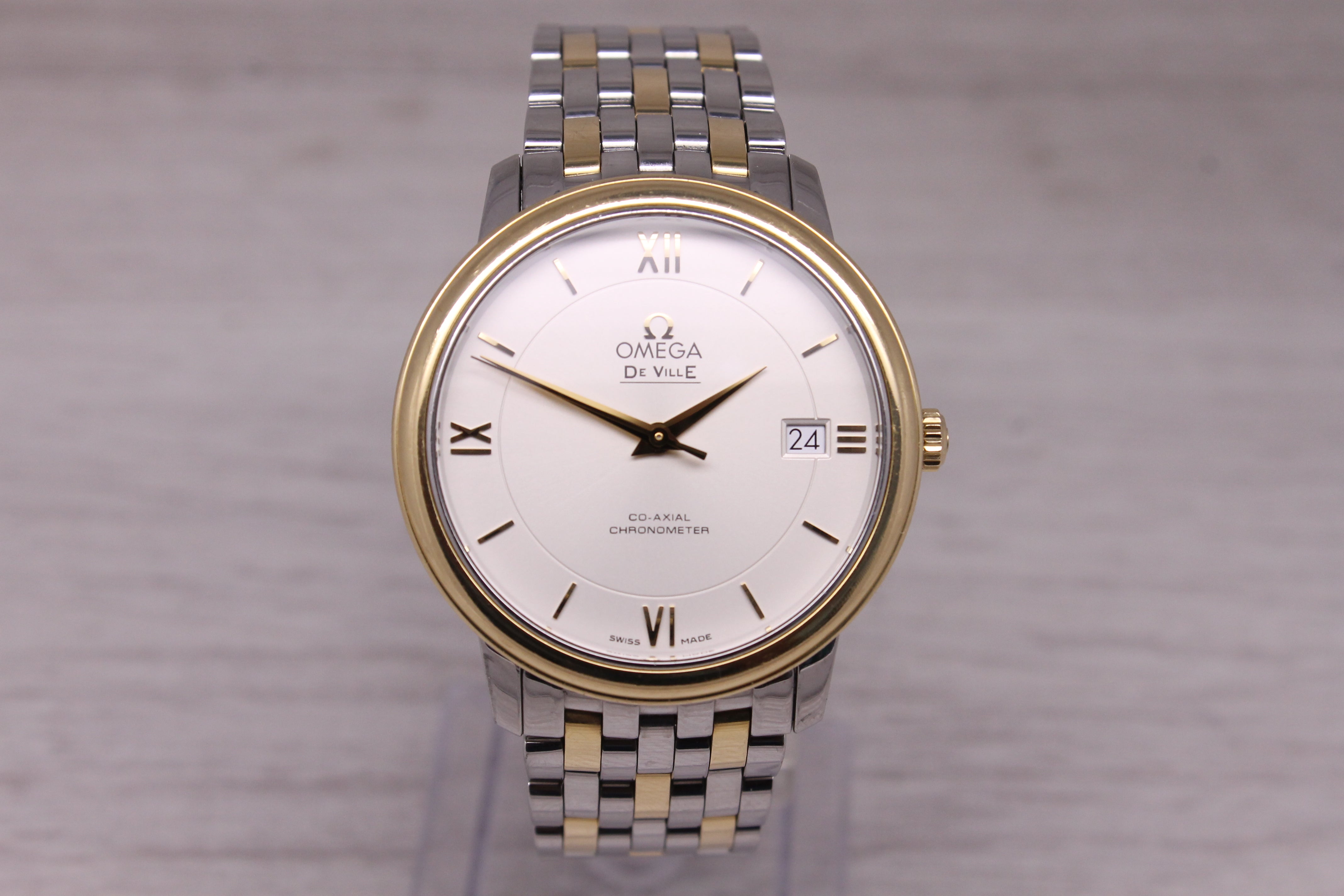 Omega DeVille Co-Axial 37mm Mens Steel 18k Gold Automatic Watch Bracelet Box Set