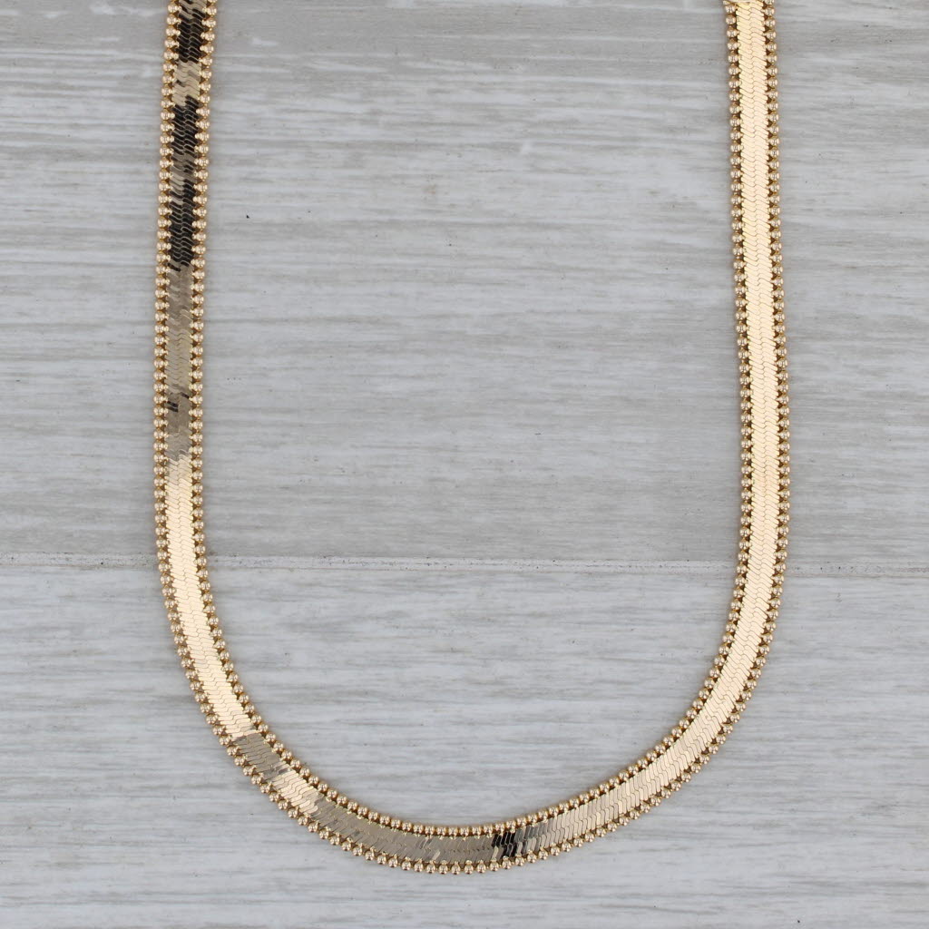 Dark Gray Reversible Pattern Herringbone Chain Necklace 14k Yellow Gold 16" 5.2 mm Italian