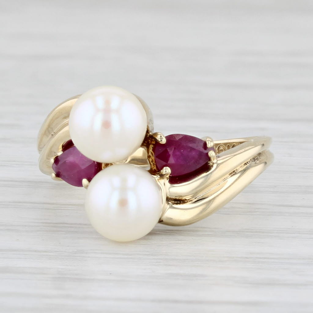 Light Gray Cultured Pearl Ruby Ring 10k Yellow Gold Size 5 Bypass