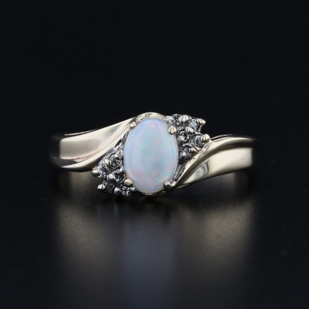Oval Cabochon Opal Solitaire Ring 10k Yellow Gold Size 8.5 Diamond Accents