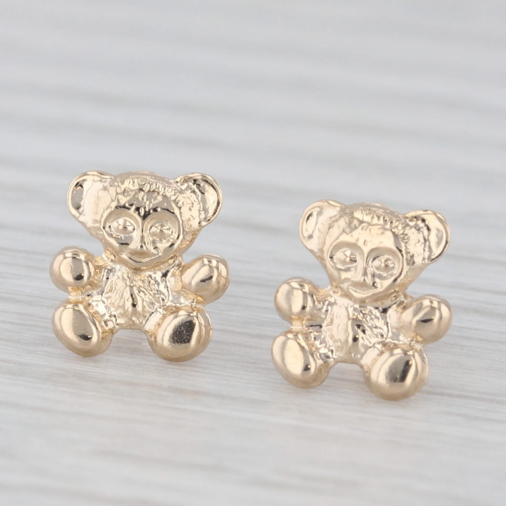 Light Gray Small Teddy Bear Stud Earrings 14k Yellow Gold