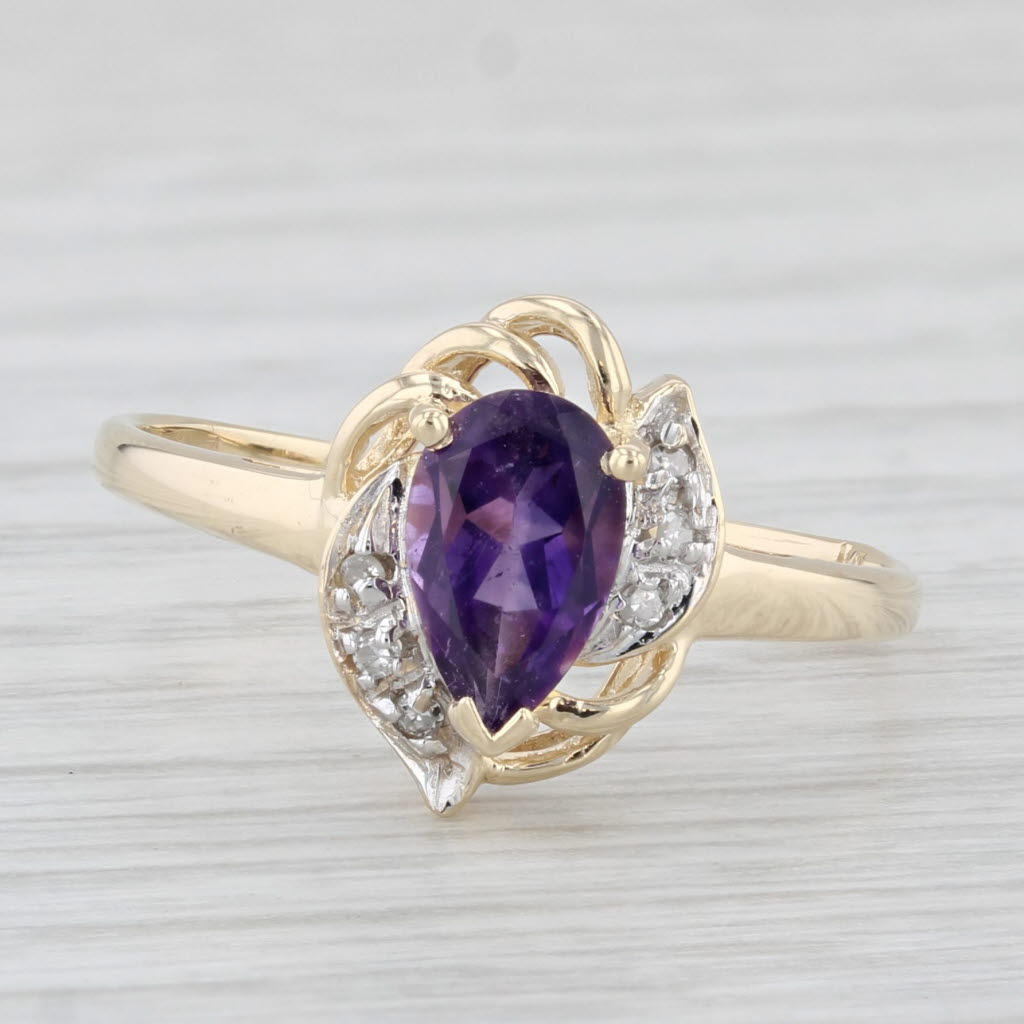 Light Gray 0.74ctw Pear Amethyst Diamond Teardrop Ring 10k Yellow Gold Size 8.25