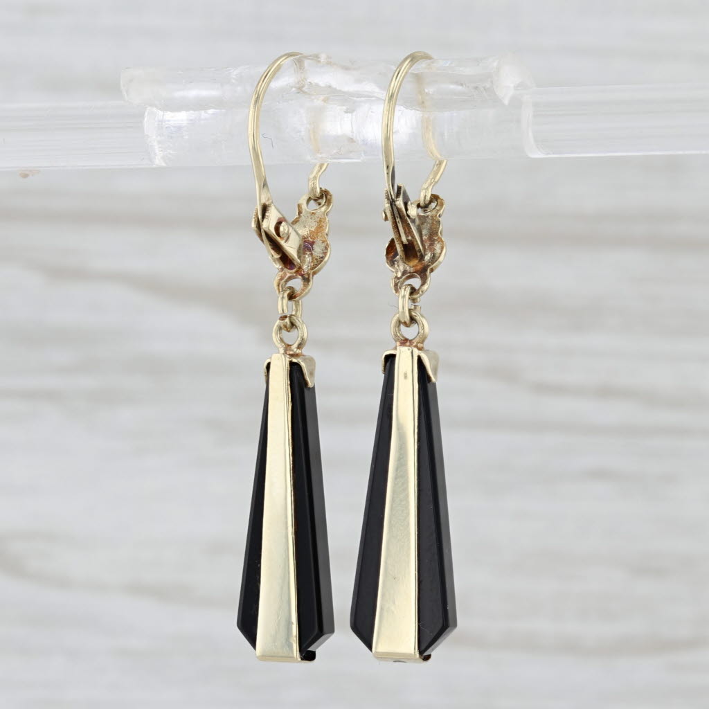 Antique Beveled Onyx Dangle Earrings 14k Yellow Gold Hook Posts