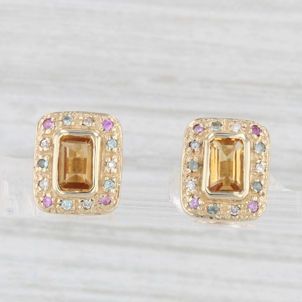 Light Gray 1.10ctw Orange Citrine Pink Sapphire Diamond Stud Earrings 10k Yellow Gold