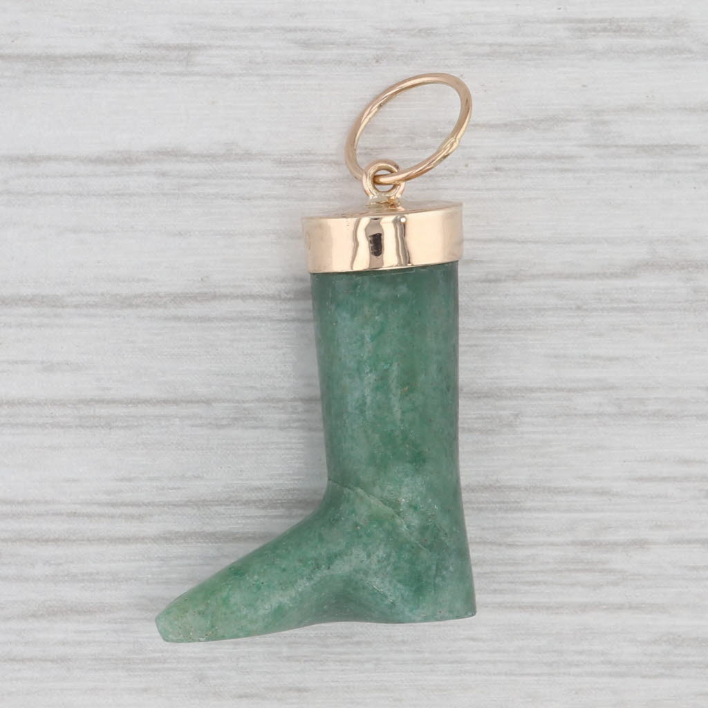 Carved Green Aventurine Quartzite Foot Pendant 18k Yellow Gold Charm