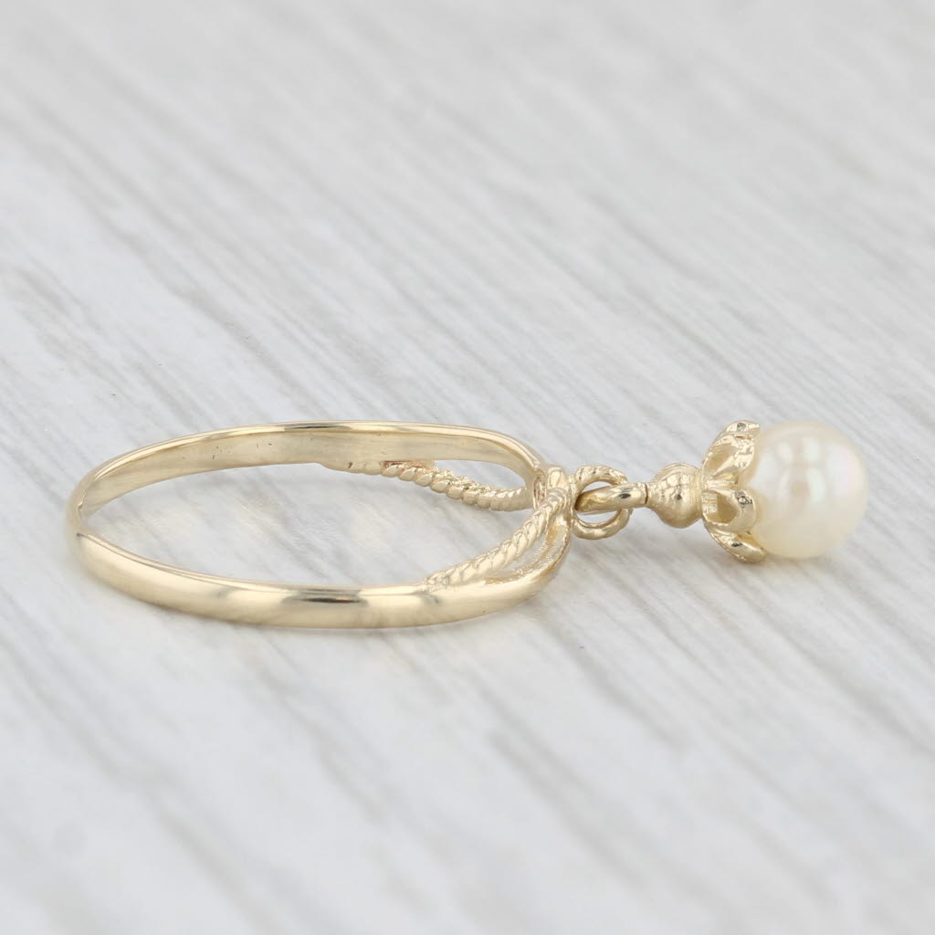 Light Gray Cultured Pearl Dangle Charm Ring 14k Yellow Gold Small Size 3.5 Band