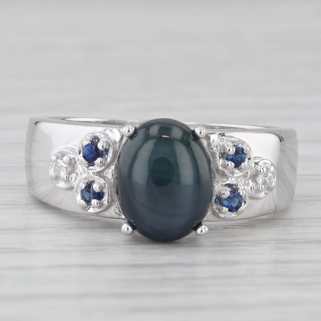 Light Gray Blue White Sapphire Ring 10k White Gold Size 7 Oval Cabochon Star Sapphire