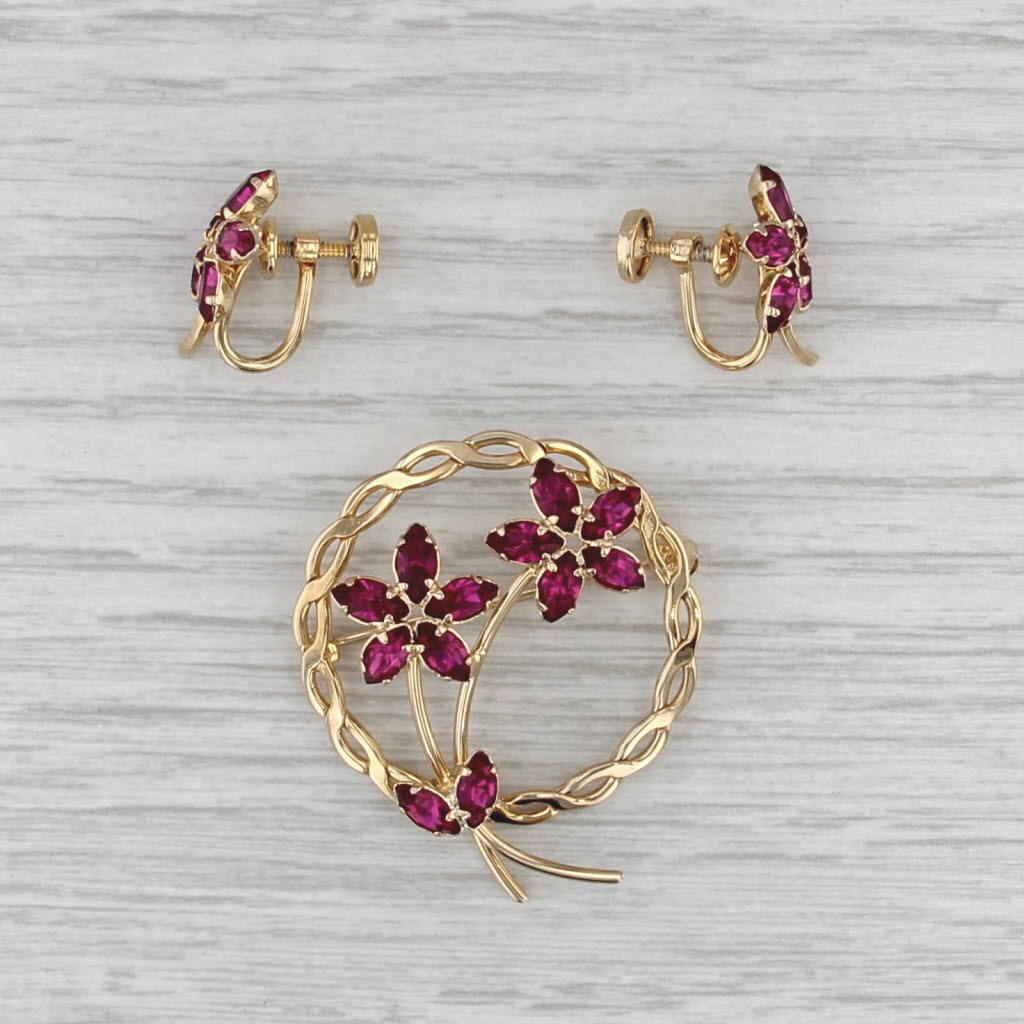 Vintage Pink Glass Flower Earrings Brooch Set 12k Gold Filled Non Pierced