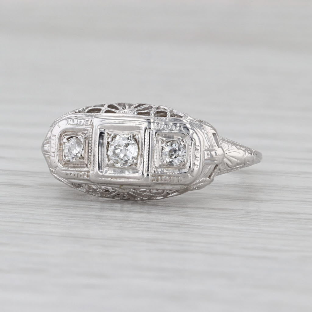 0.22ctw 3-Stone Art Deco Old European Cut Diamond Ring 18k White Gold Size 7.25