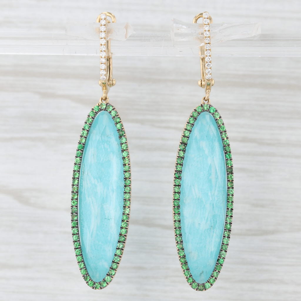 Light Gray New Quartz Tsavorite Garnet Diamond Dangle Earrings 18k Yellow Gold Statement