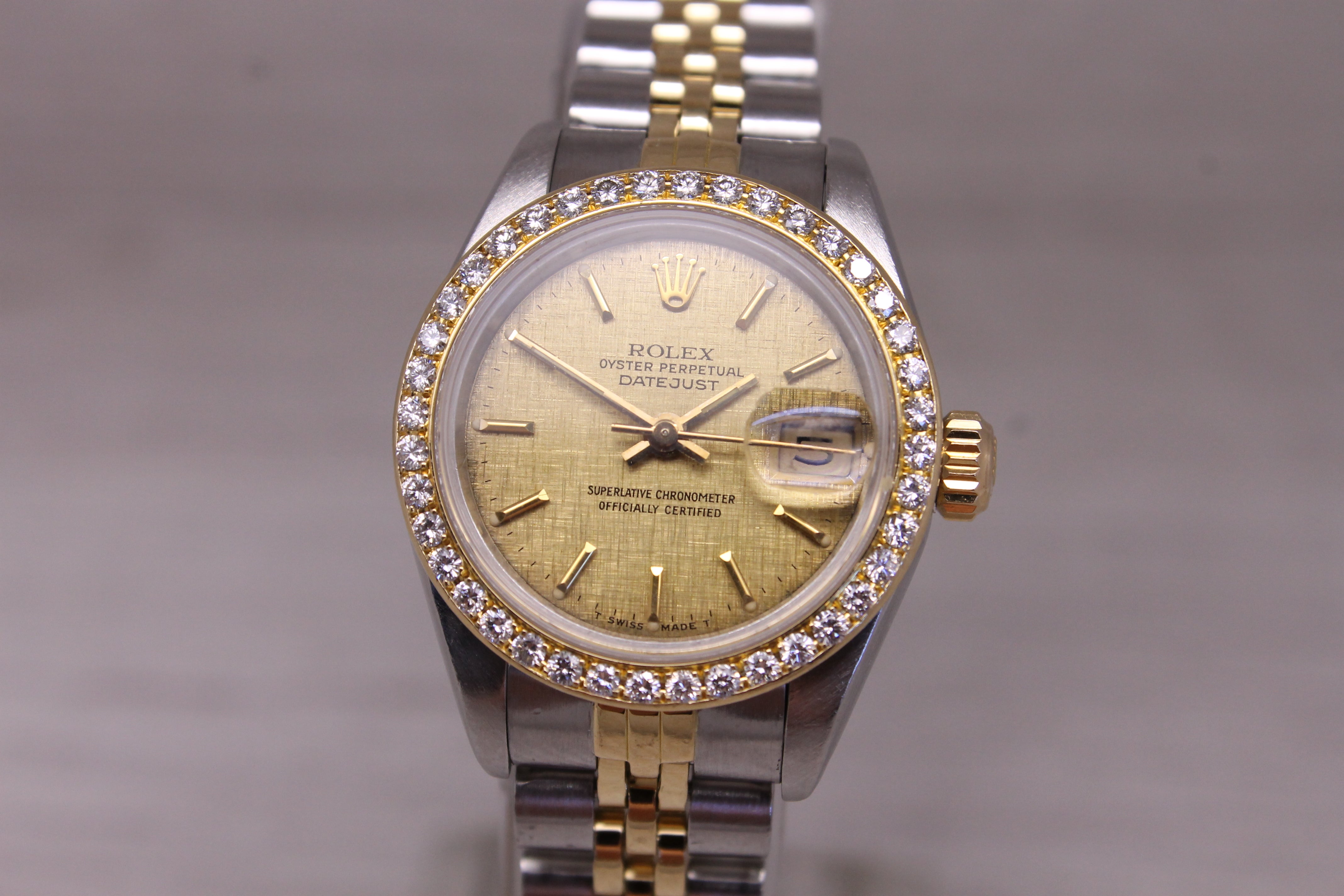 Vintage 1986 Rolex Datejust Ladies 69173 Steel & 18k Gold Diamond Bezel Linen