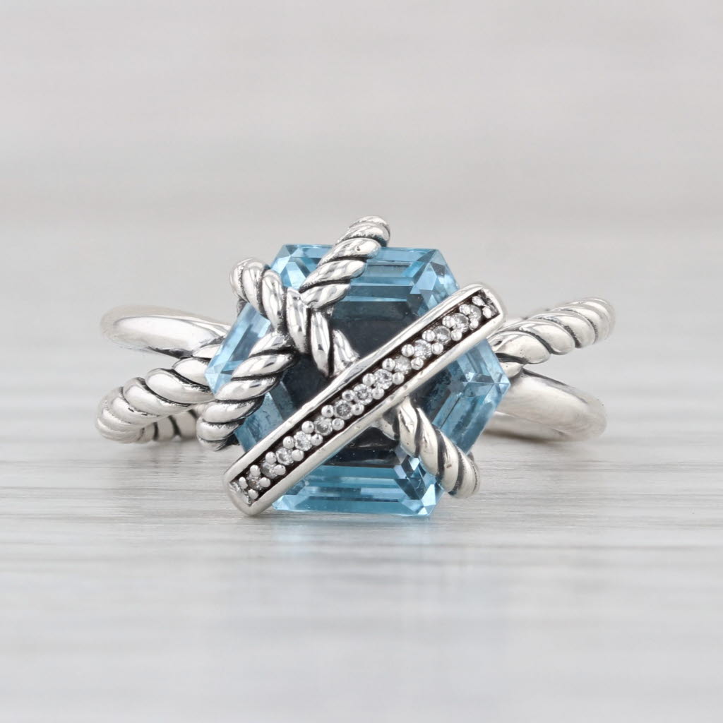Yurman 3.22ctw Blue Topaz Diamond Ring Sterling Silver Cable Wrap Collection
