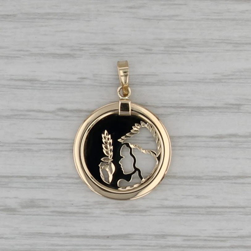 Virgo Symbol Stencil of Girl Holding Wheat Pendant 14k Gold Astrology Medallion