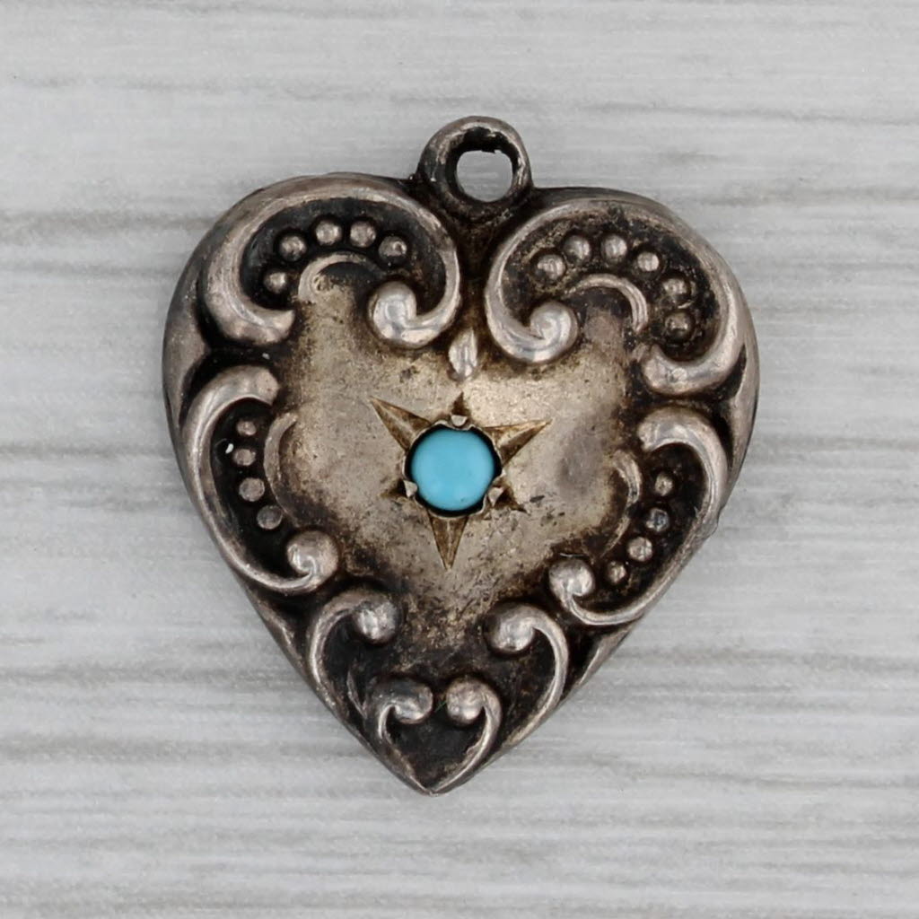 Gray Vintage Ornate Puffy Heart Charm Glass Star Sterling Silver Engraved Pendant