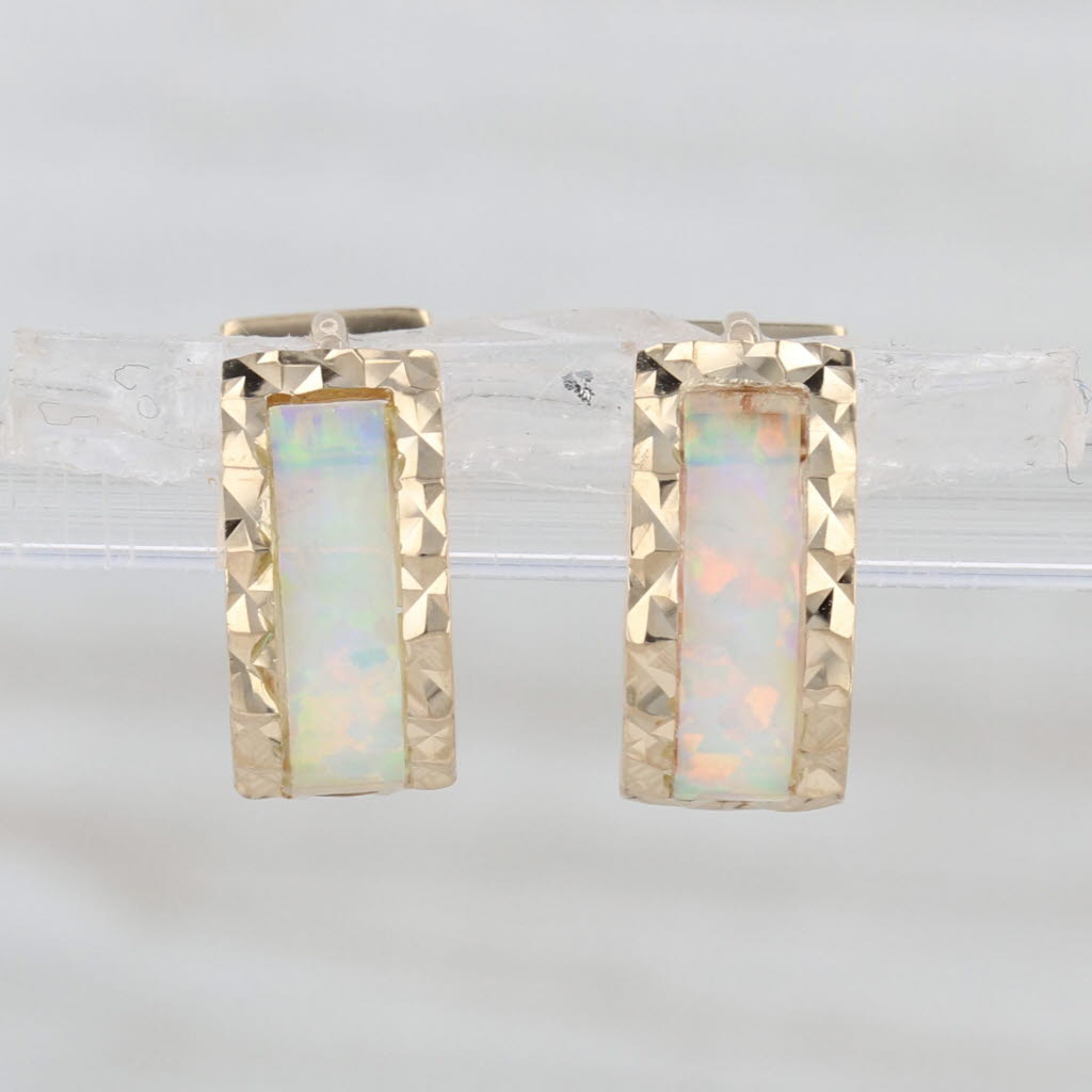 Lab Created Opal Small Hoop Huggie Earrings 14k Yellow Gold Snap Top Hoops