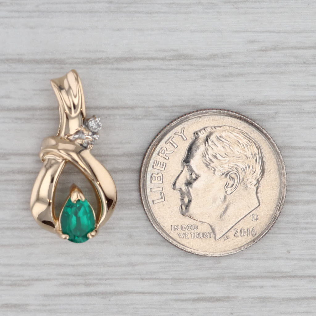 Gray Lab Created Emerald Diamond Teardrop Pendant 14k Yellow Gold