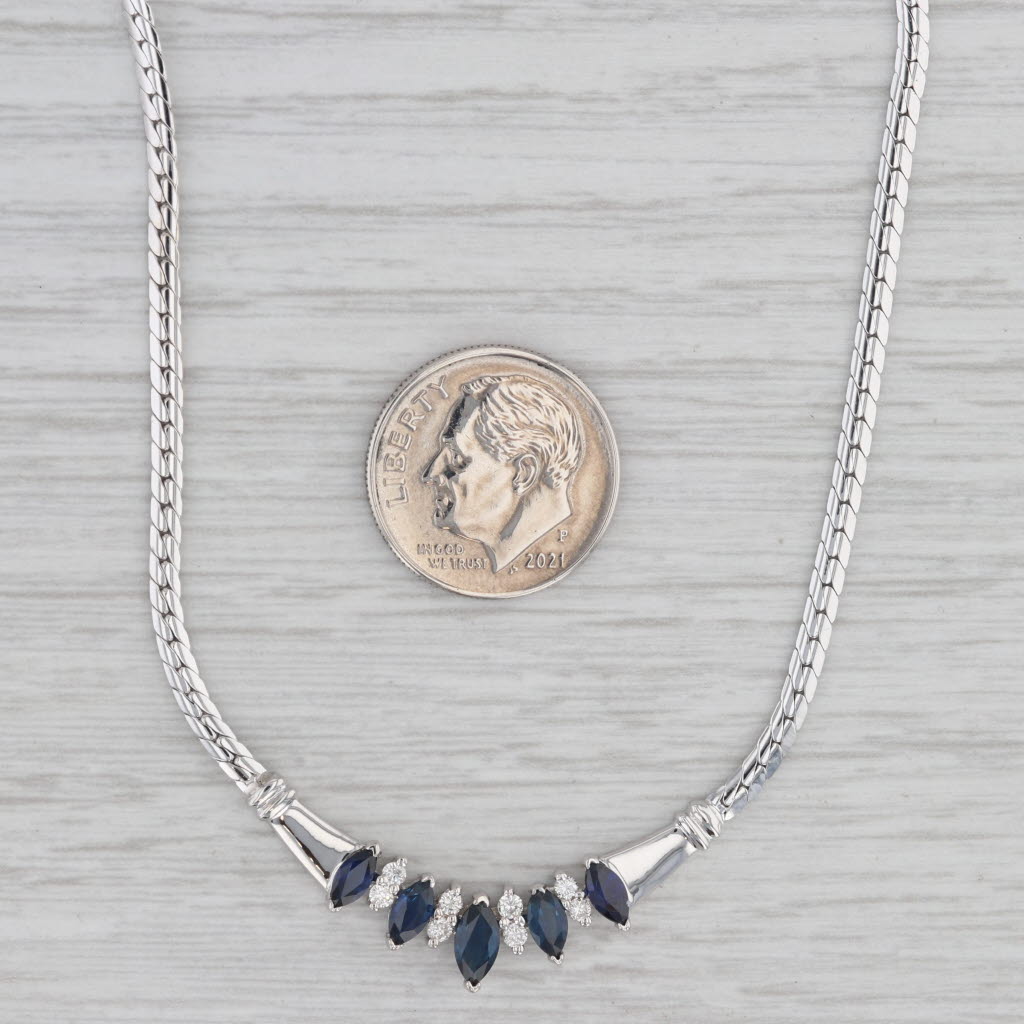 Gray 1.34ctw Blue Sapphire Diamond Necklace 14 White Gold 16.75" Herringbone Chain