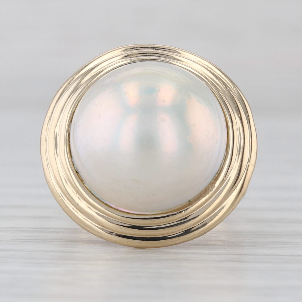 14.7mm Round Mabe Pearl Solitaire Cabochon Ring 14k Yellow Gold Size 7