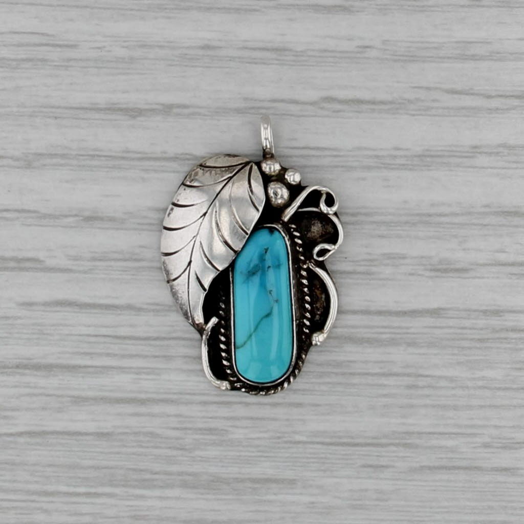 Vintage Artisan Signed Southwestern Turquoise Leaf Ring Sterling Silver