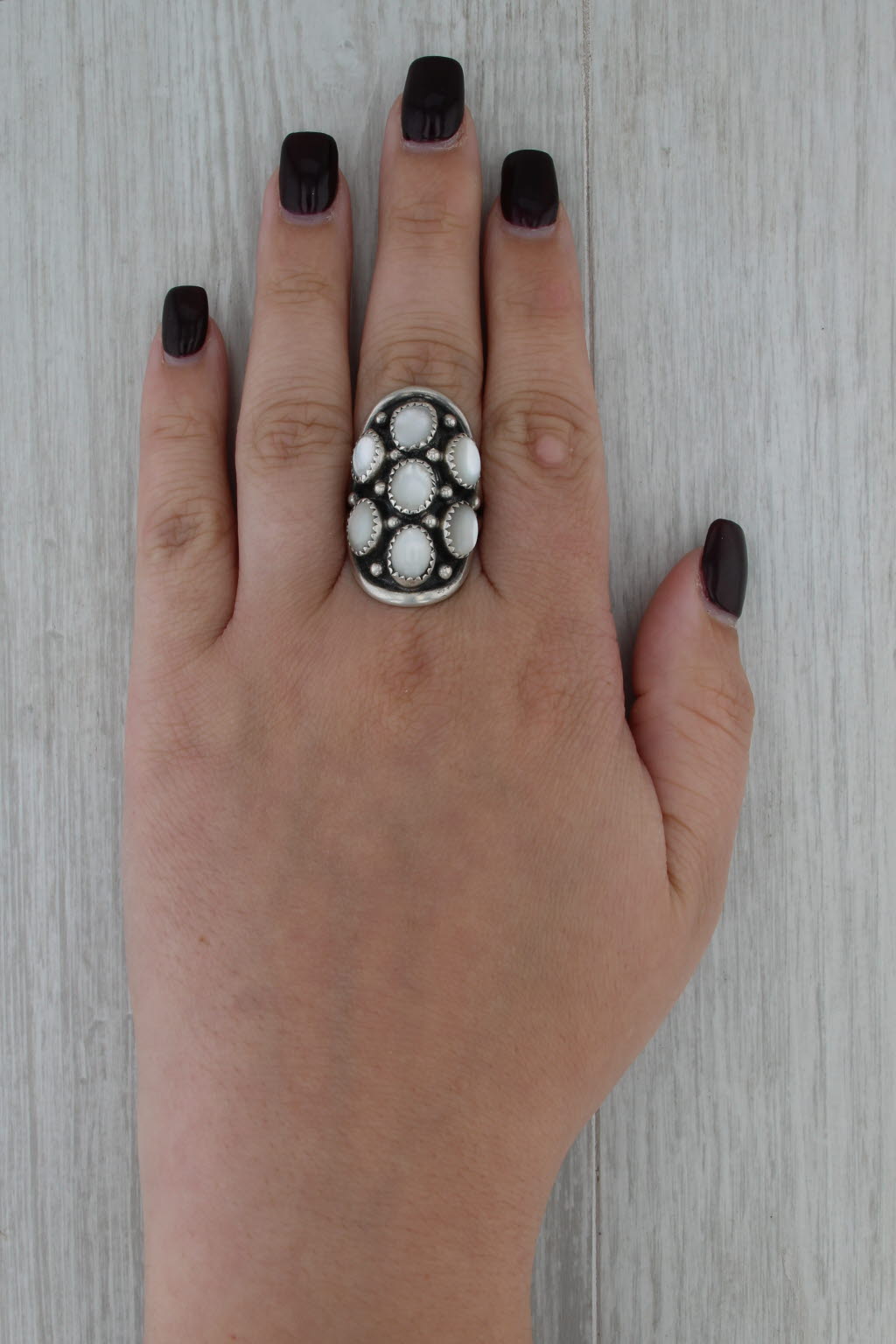 Southwestern Mother of Pearl Cluster Statement Ring Sterling Silver Size 8.75