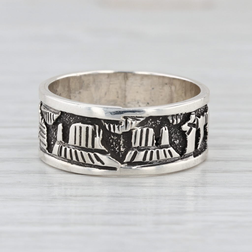 Tribal Figural Band Ring Sterling Silver 9.5mm Size 10.5
