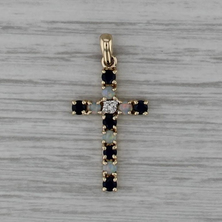 0.52ctw Sapphire Opal Diamond Cross Pendant 10k Yellow Gold