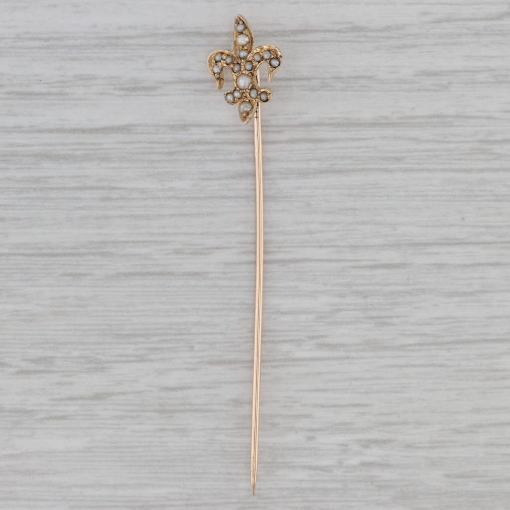 Gray Antique 10k Yellow Gold Stick Pin Fleur De Lis Seed Pearl Accents