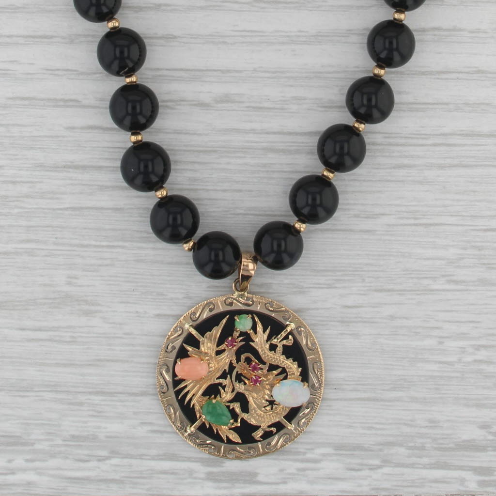 Gemstone Chinese Dragon Pendant Onyx Bead Necklace 14k Gold 21.25" Strand