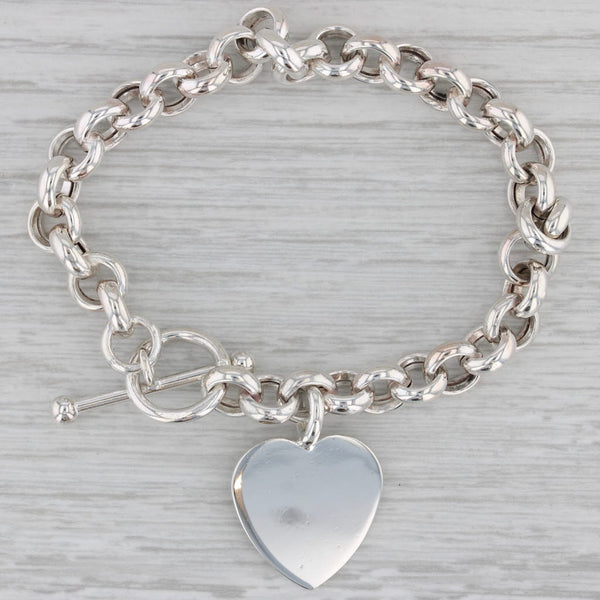 Engravable Heart ID Charm Bracelet Sterling Silver 7" Cable Chain Toggle Clasp