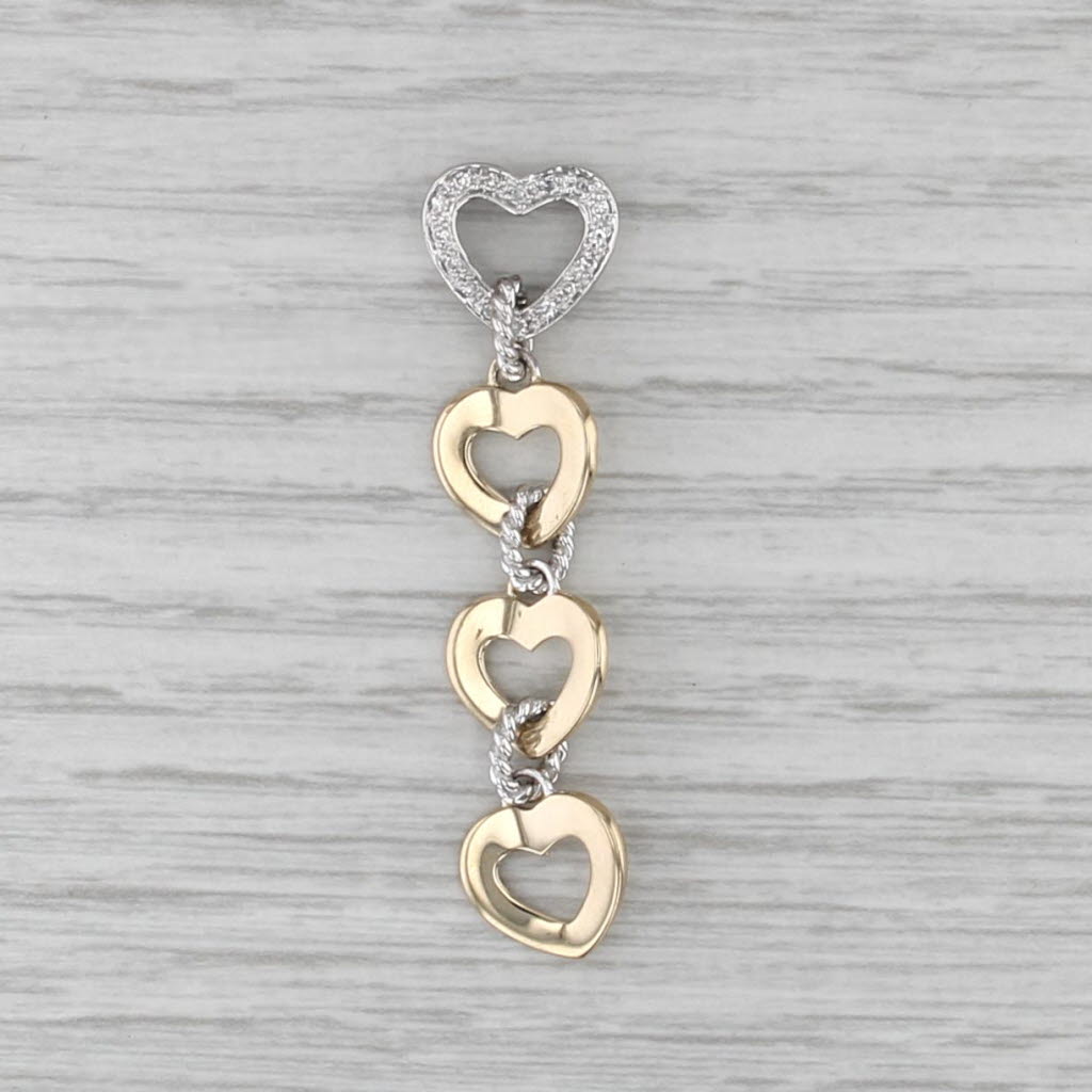 2-Toned Hearts Dangle Pendant Diamond 14k Yellow White Gold