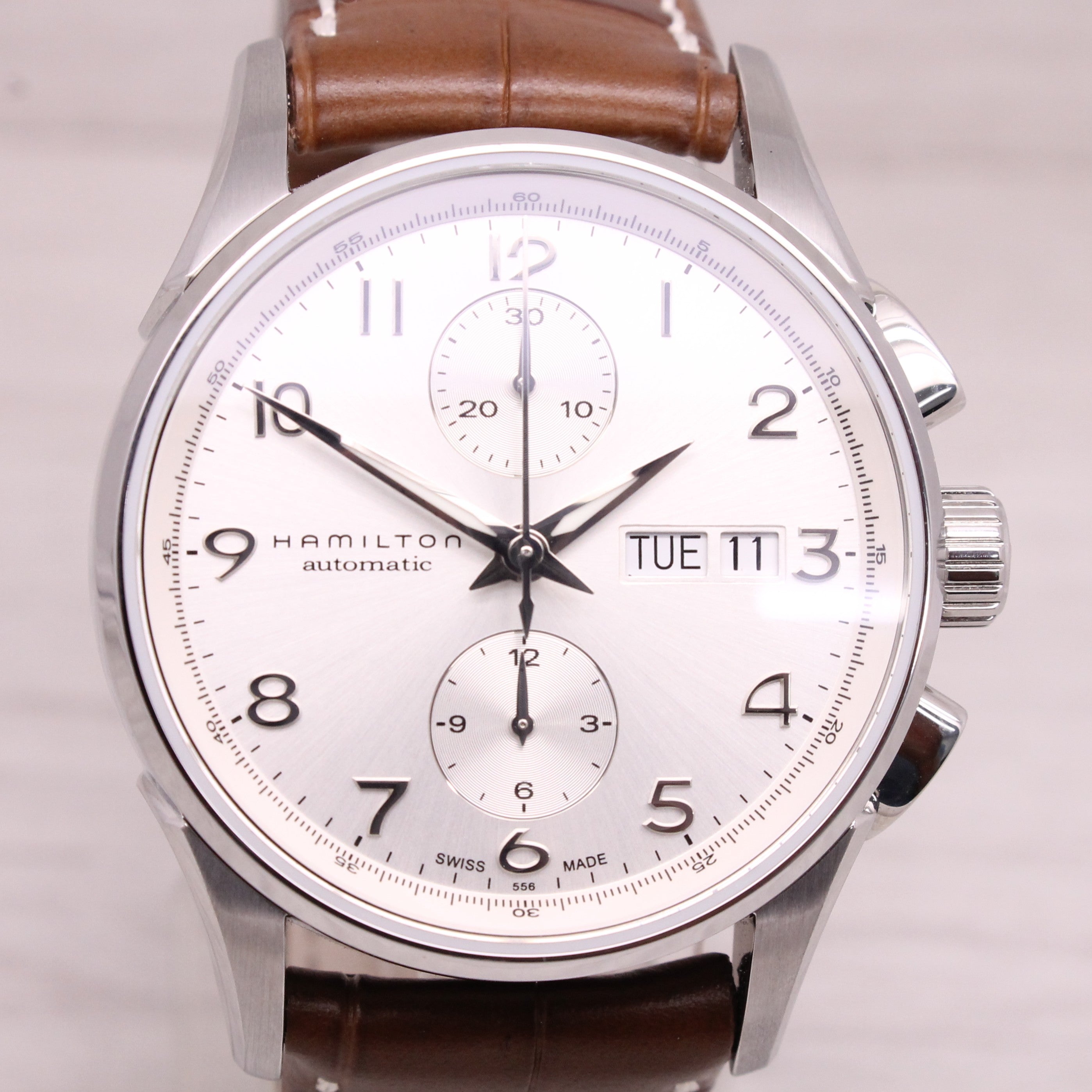 Light Gray Hamilton Jazzmaster Maestro 40mm Steel Automatic Chronograph Watch H325760 Clean