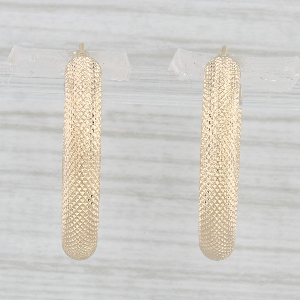 Light Gray Textured Hoop Earrings 14k Yellow Gold Snap Top Round Hoops