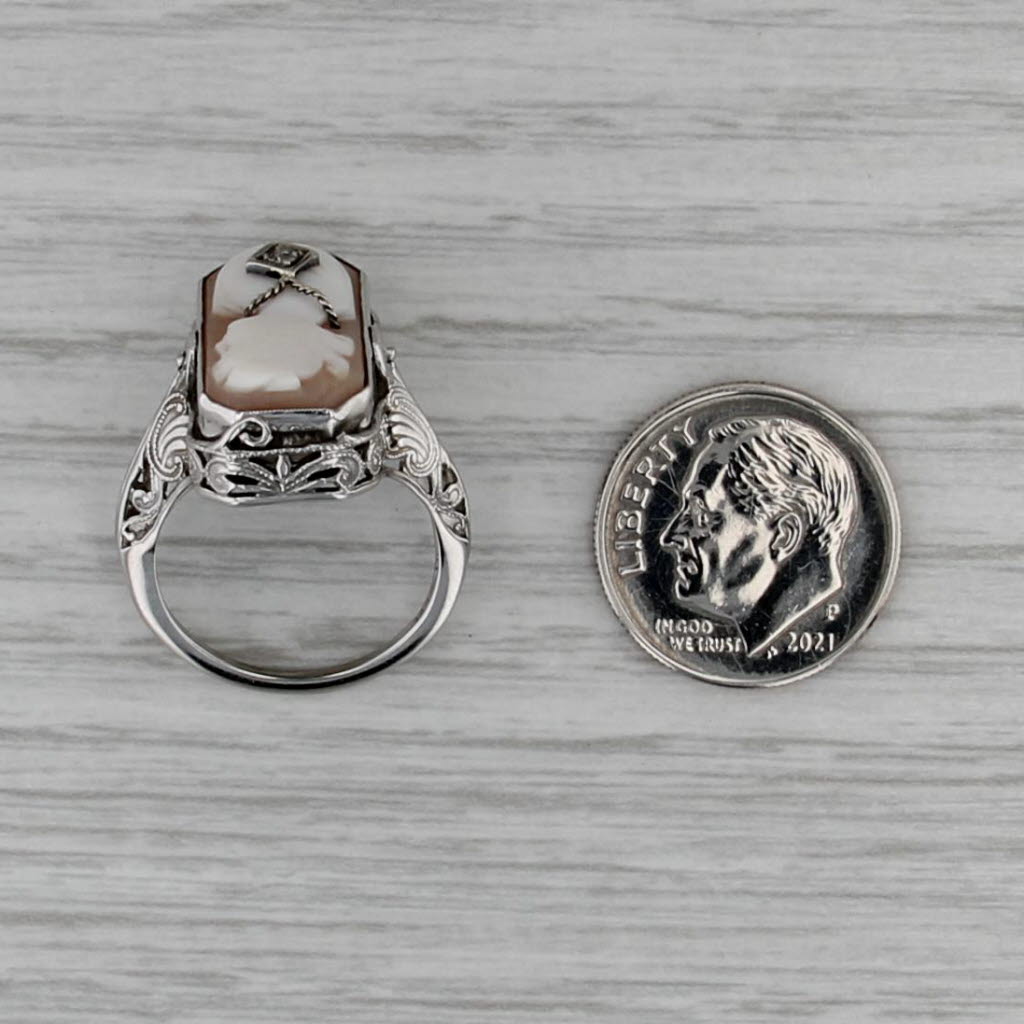 Vintage Carved Shell Cameo Diamond Onyx Signet Flip Ring 14k White Gold Size 5.5