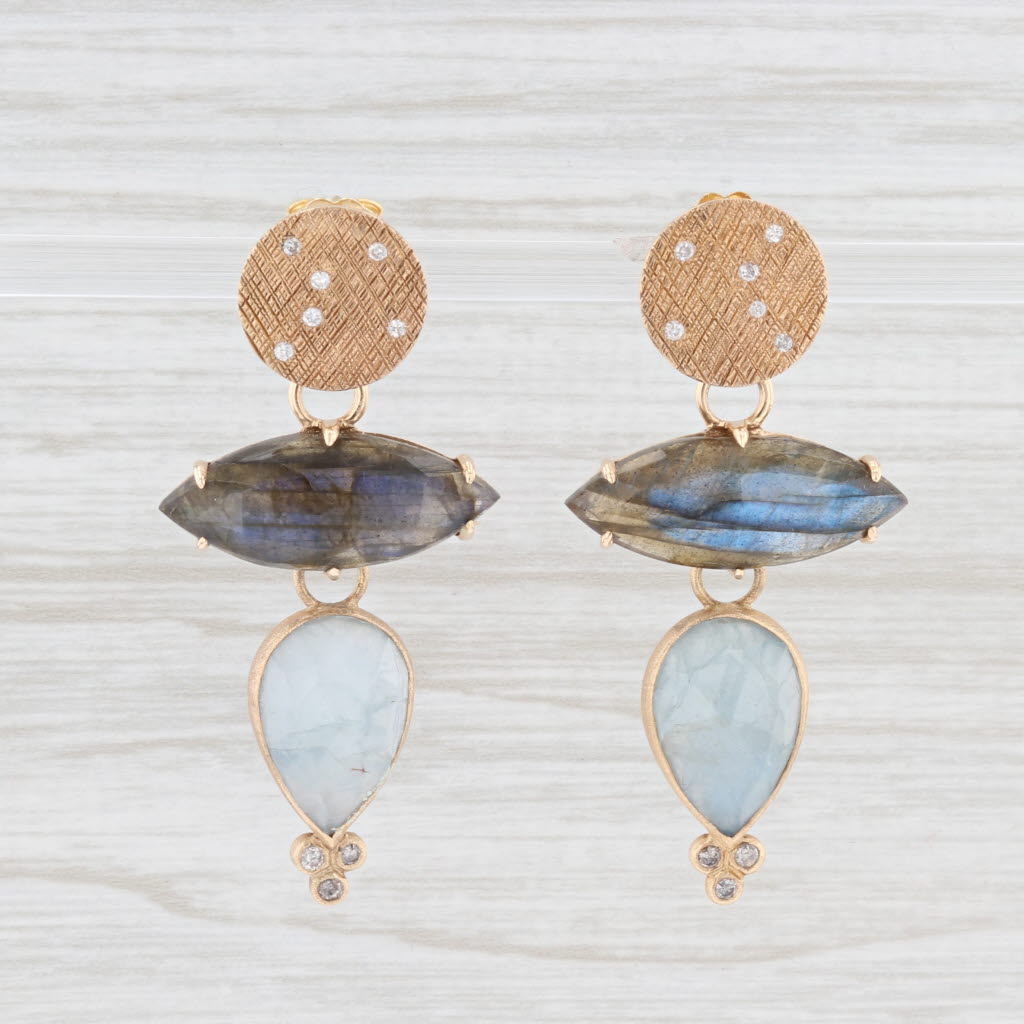 New Nina Wynn Dangle Earrings 18k Yellow Gold Diamond Labradorite Aquamarine
