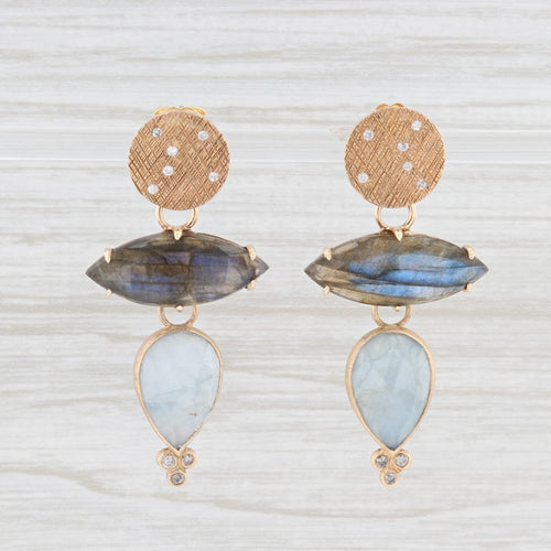 New Nina Wynn Dangle Earrings 18k Yellow Gold Diamond Labradorite Aquamarine