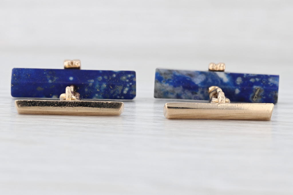 Vintage Lapis Lazuli Cufflinks 14k Yellow Gold Blue Stone Bar Men's Accessory