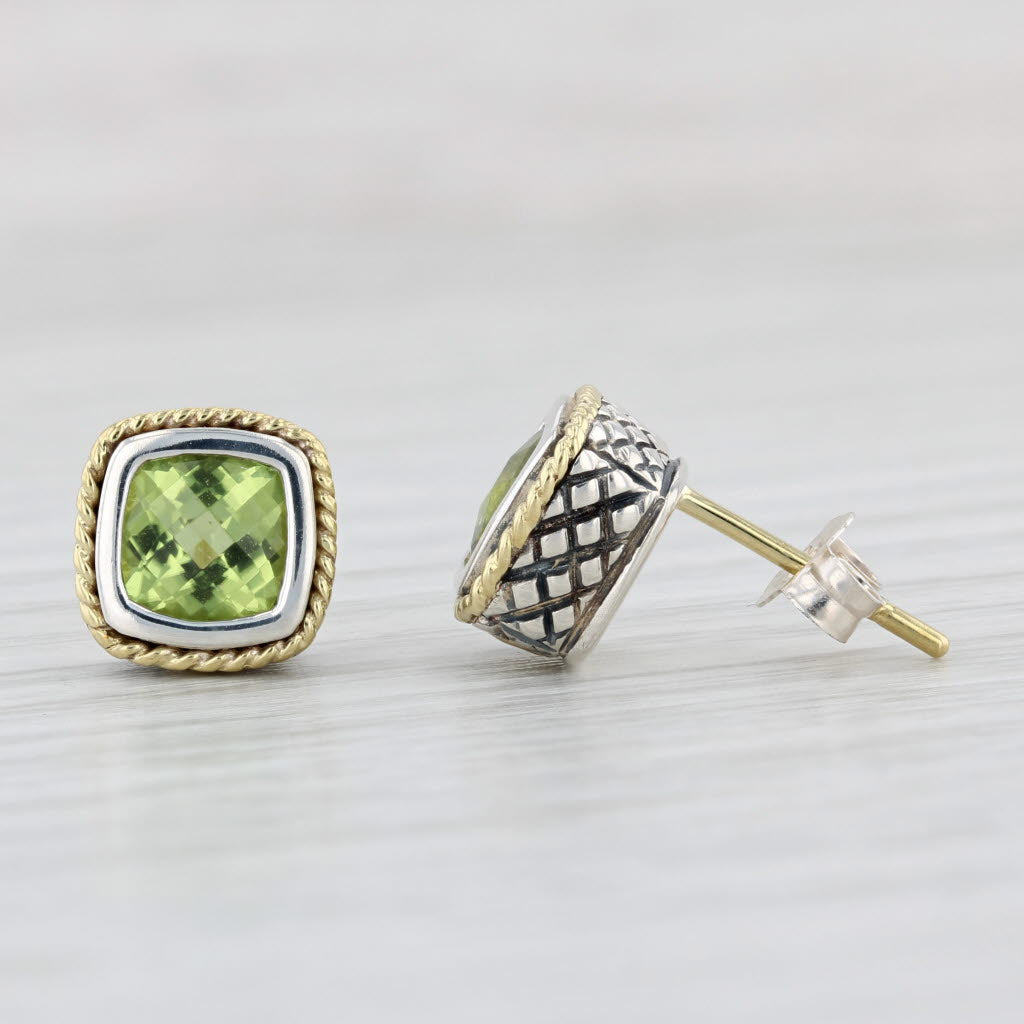 Light Gray 2.20ctw Peridot Stud Earrings 18k Gold Sterling Silver Cushion Solitaires