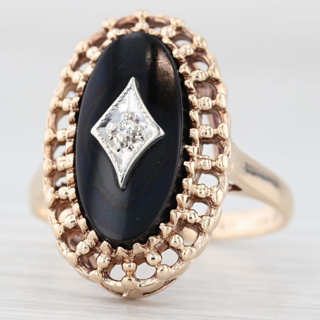 Light Gray Vintage Onyx Diamond Signet Ring 10k Yellow Gold Size 7