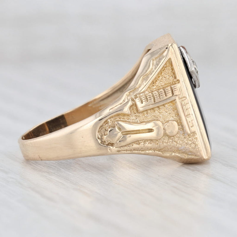 Light Gray Diamond Onyx Masonic Blue Lodge Signet Ring 10k Yellow Gold Size 11.75