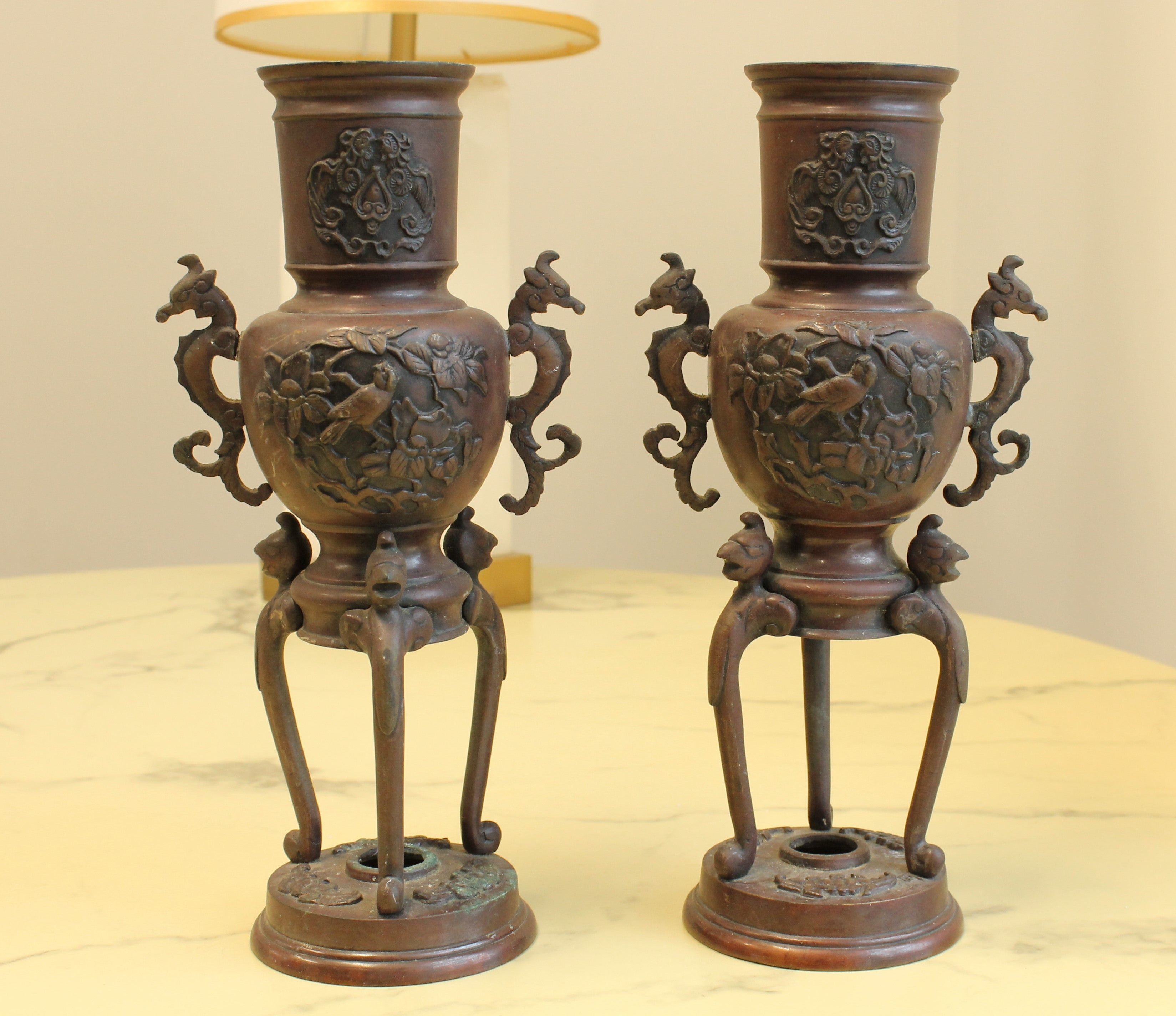 Antique Japanese Bronze Decorative Urns Pair 11" Bird Motif Seahorse Handles
