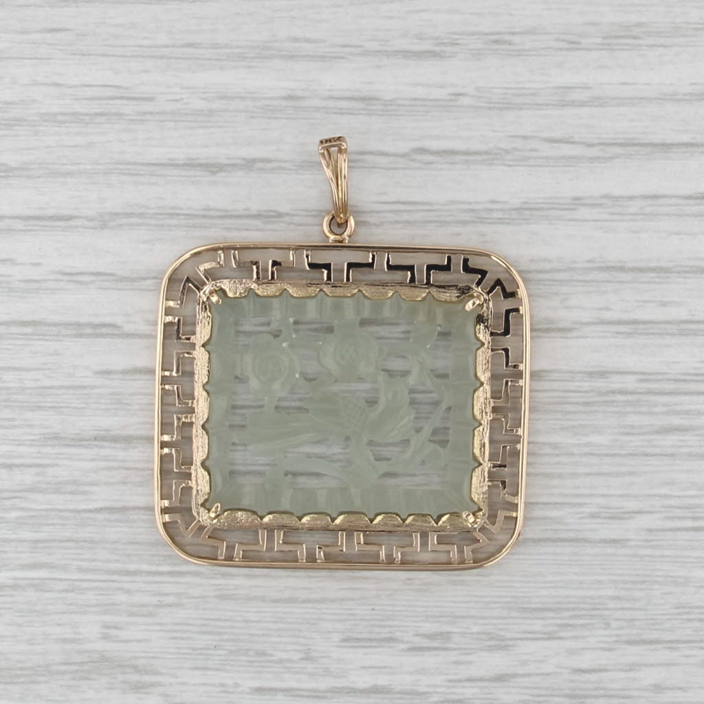 Carved Nephrite Jade Openwork Flower Pendant 14k Yellow Gold Statement