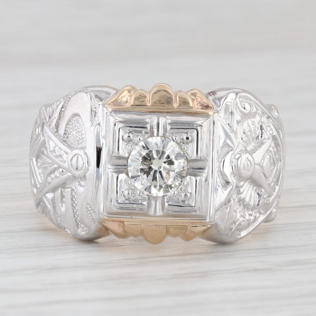 Light Gray 0.57ct Diamond Past Master Ring 14k Gold Size 11.5 Masonic Signet Square Compass