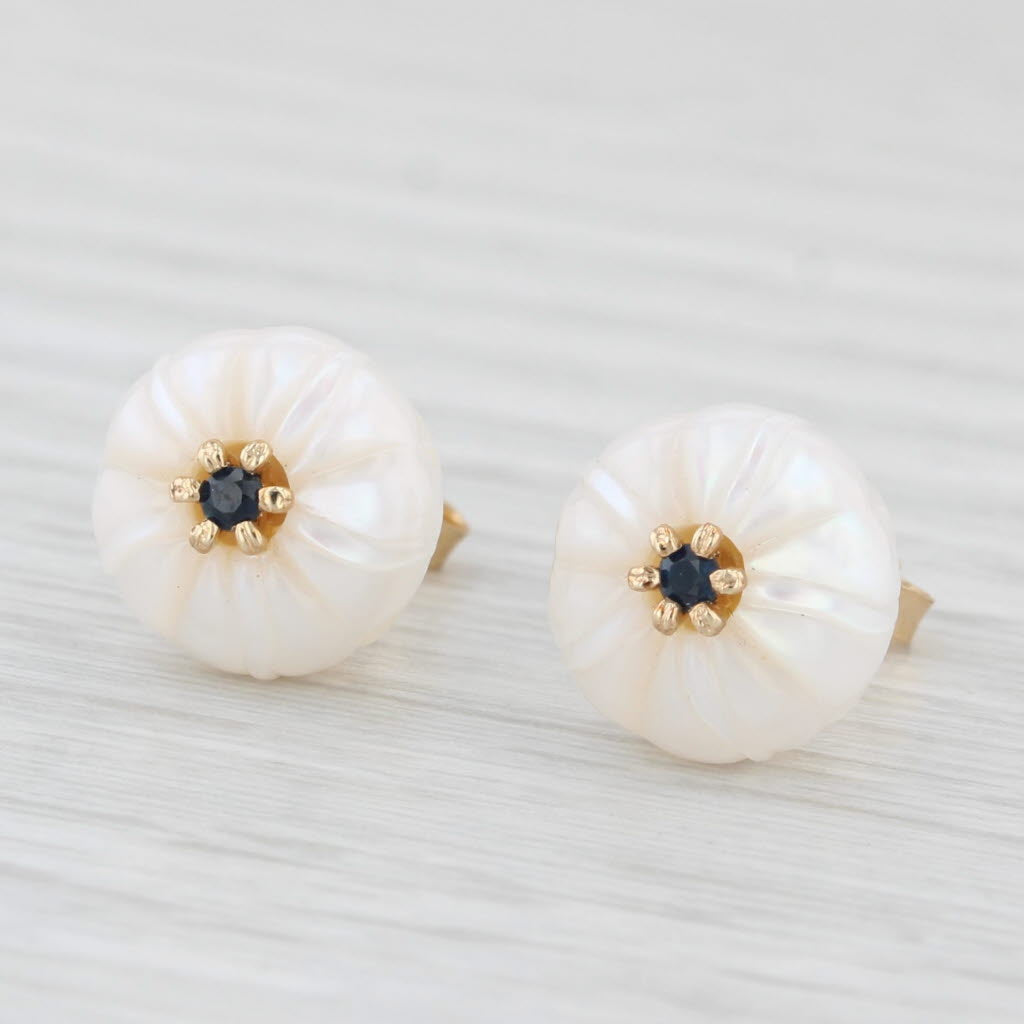 Light Gray New Cultured Pearl Morning Glory Flower Sapphire Stud Earrings 14k Gold Galatea