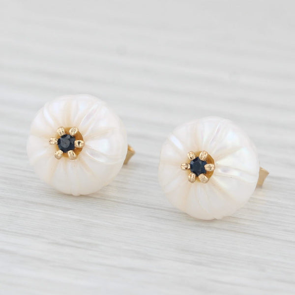 New Cultured Pearl Morning Glory Flower Sapphire Stud Earrings 14k Gold Galatea
