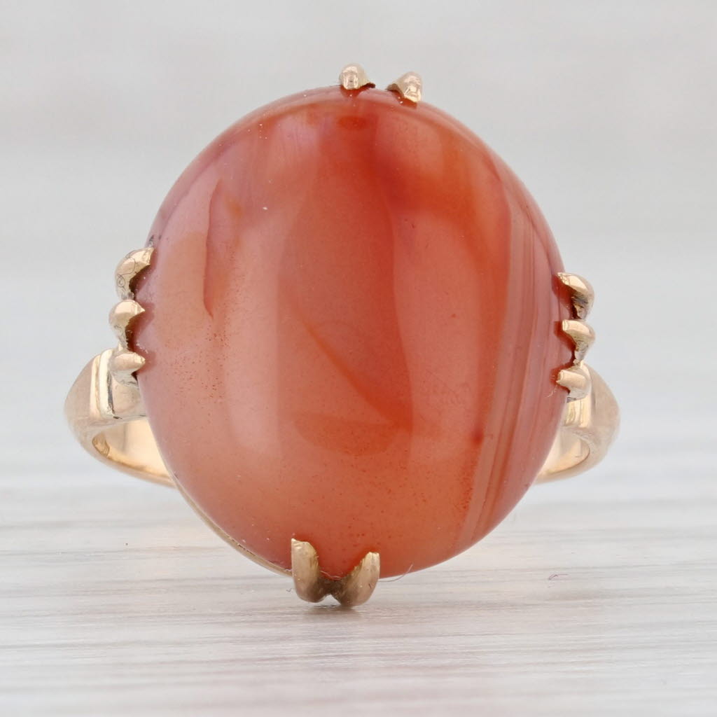 Light Gray Vintage Orange Carnelian Ring 18k Yellow Gold Size 5 Oval Cabochon Solitaire