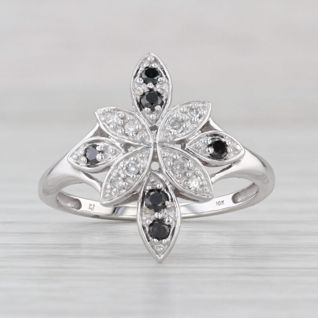 0.20ctw Black White Diamond Flower Ring 10k White Gold Size 8.25