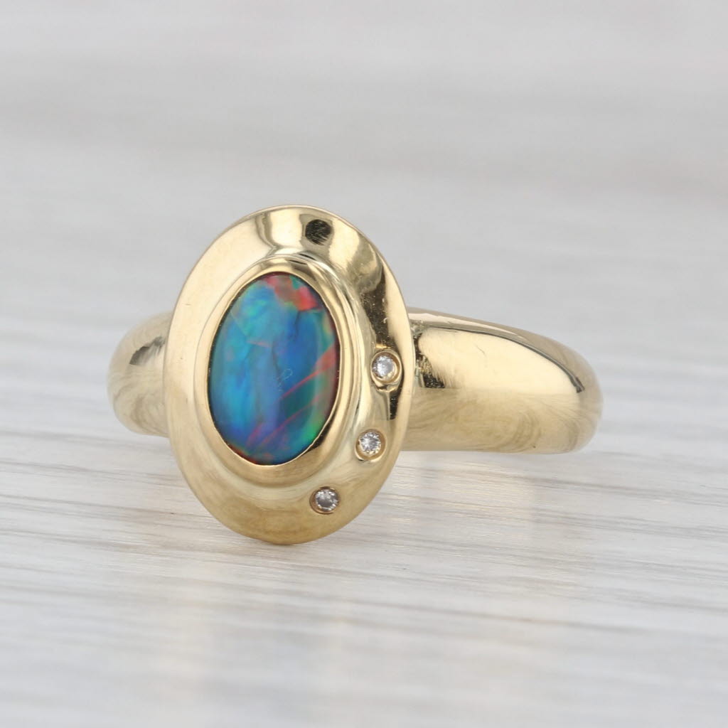 Multicolor Opal Doublet Ring 18k Yellow Gold Oval Cabochon Diamond Accents Sz 7