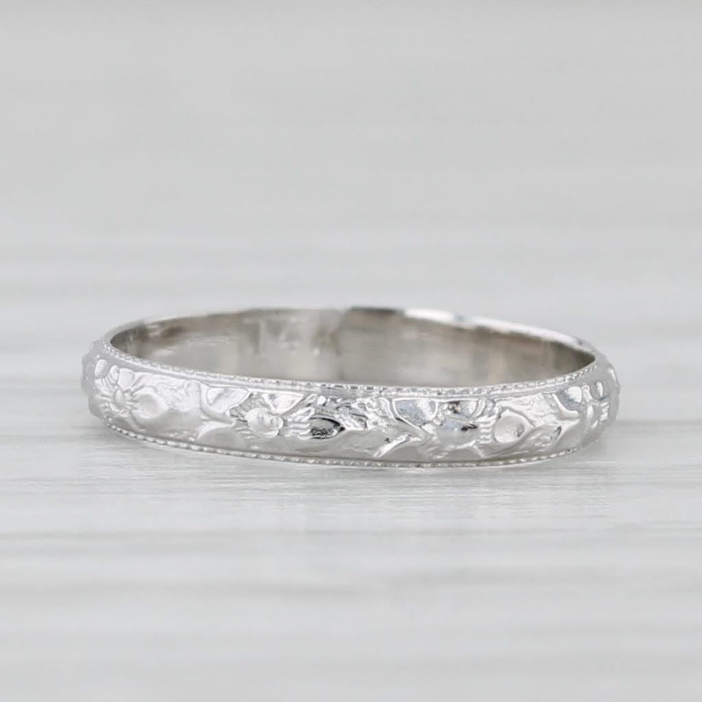 Light Gray Vintage Etched Flower Ring 14k White Gold Small Baby Size