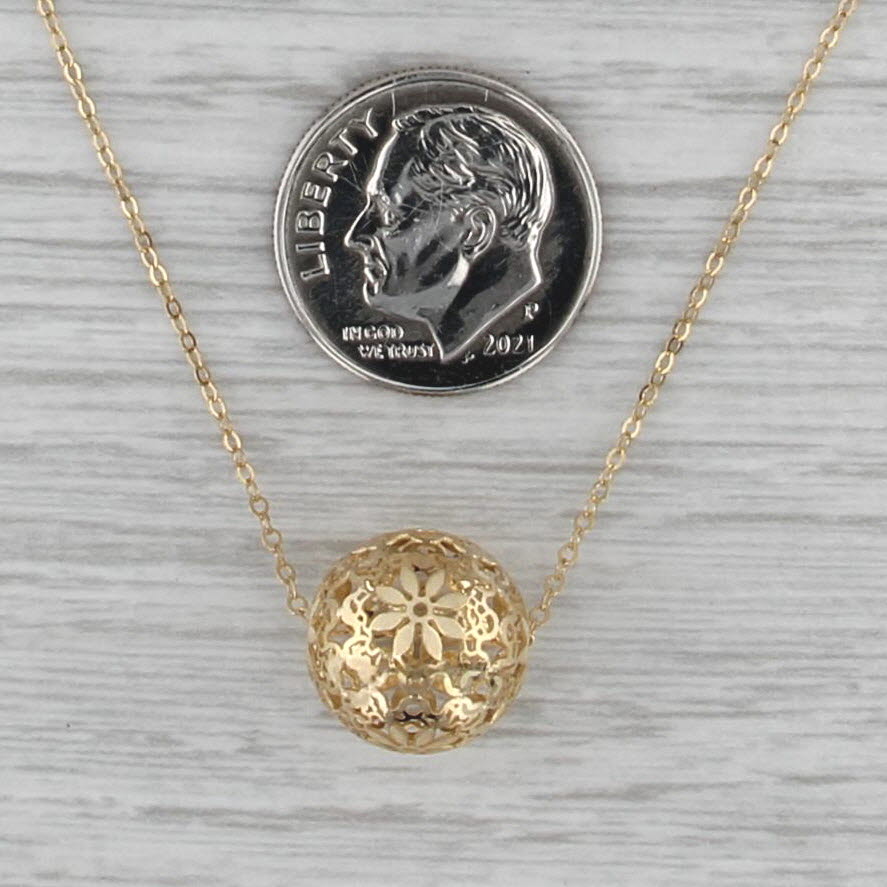 Openwork Flower Bead Pendant Necklace 14k Yellow Gold 16" Cable Chain