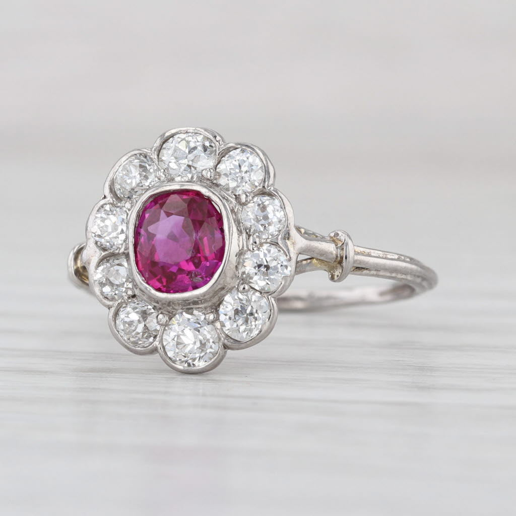 Antique 1.61ctw Ruby Diamond Halo Ring Platinum Size 8.25 GIA Engagement